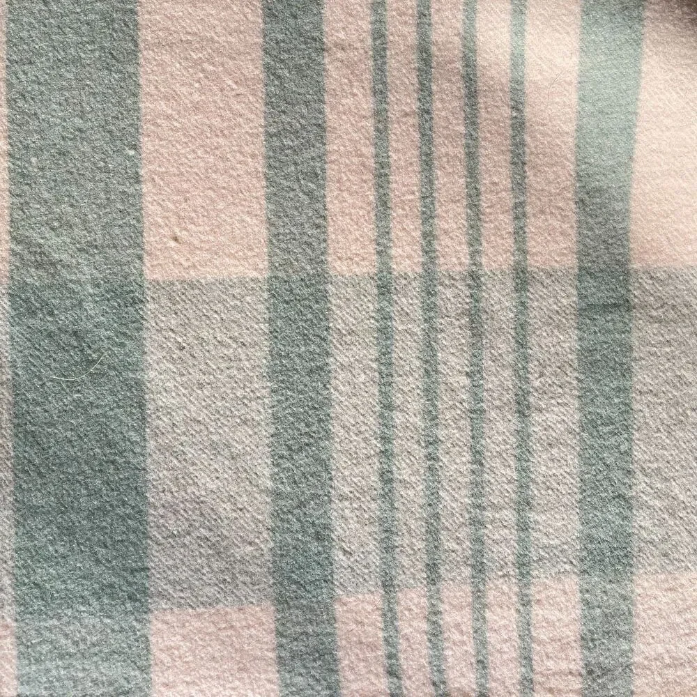 Vintage Light Green & Cream Plaid Wool/Cotton Camp Blanket  - 80